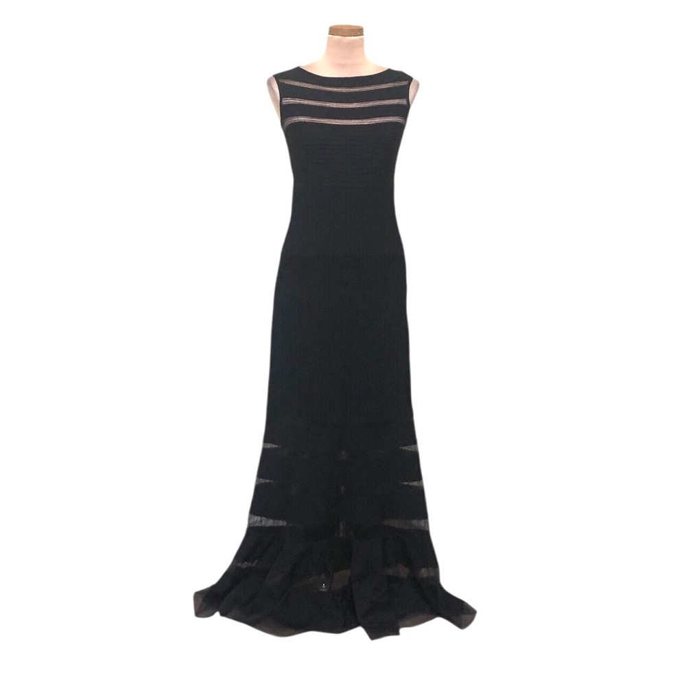 Tadashi Shoji Formal Maxi Dress Size XS Black Striped Sheer Mesh